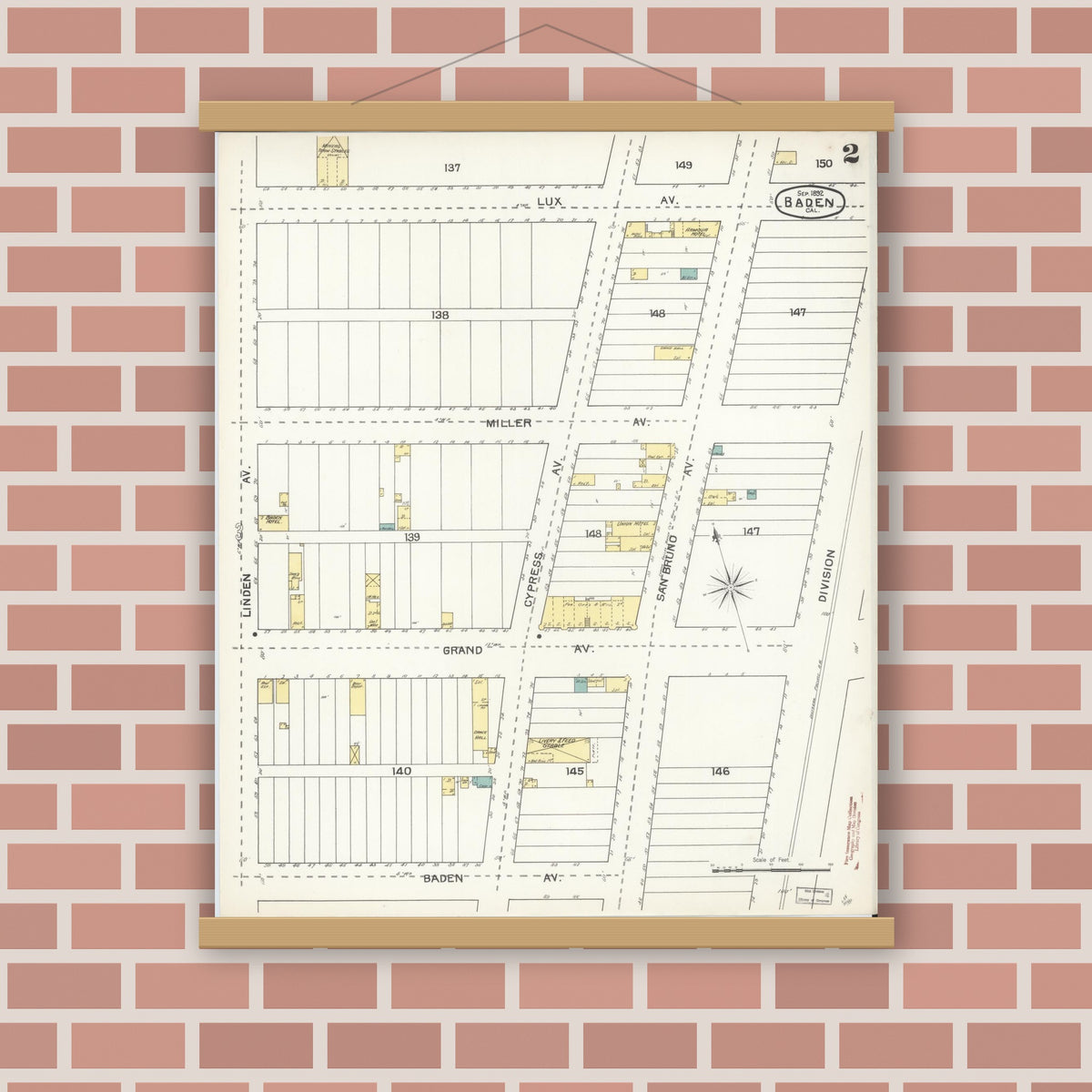 Old map wall art mockup — magnetic wood frame on brick wall — Sanborn Fire Insurance Map from Baden, San Mateo County, California (1892), Sheet #0002