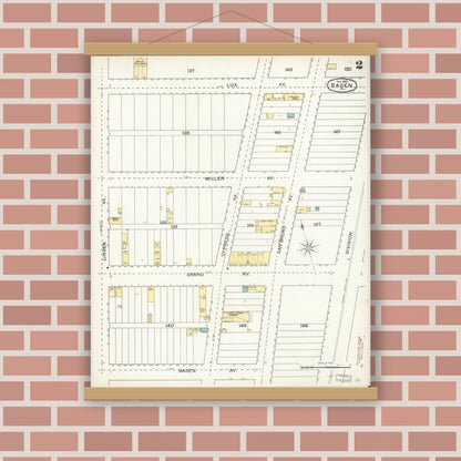 Old map wall art mockup — magnetic wood frame on brick wall — Sanborn Fire Insurance Map from Baden, San Mateo County, California (1892), Sheet #0002