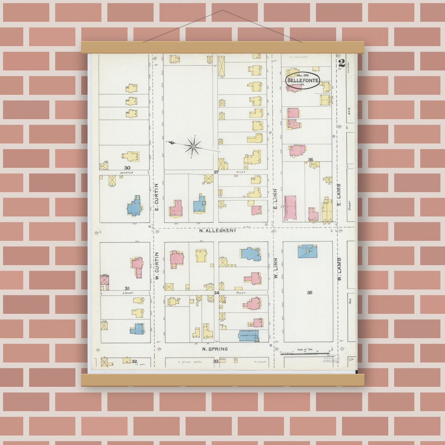 Old map wall art mockup — magnetic wood frame on brick wall — Sanborn Fire Insurance Map from Bellefonte, Centre County, Pennsylvania (1892), Sheet #0002