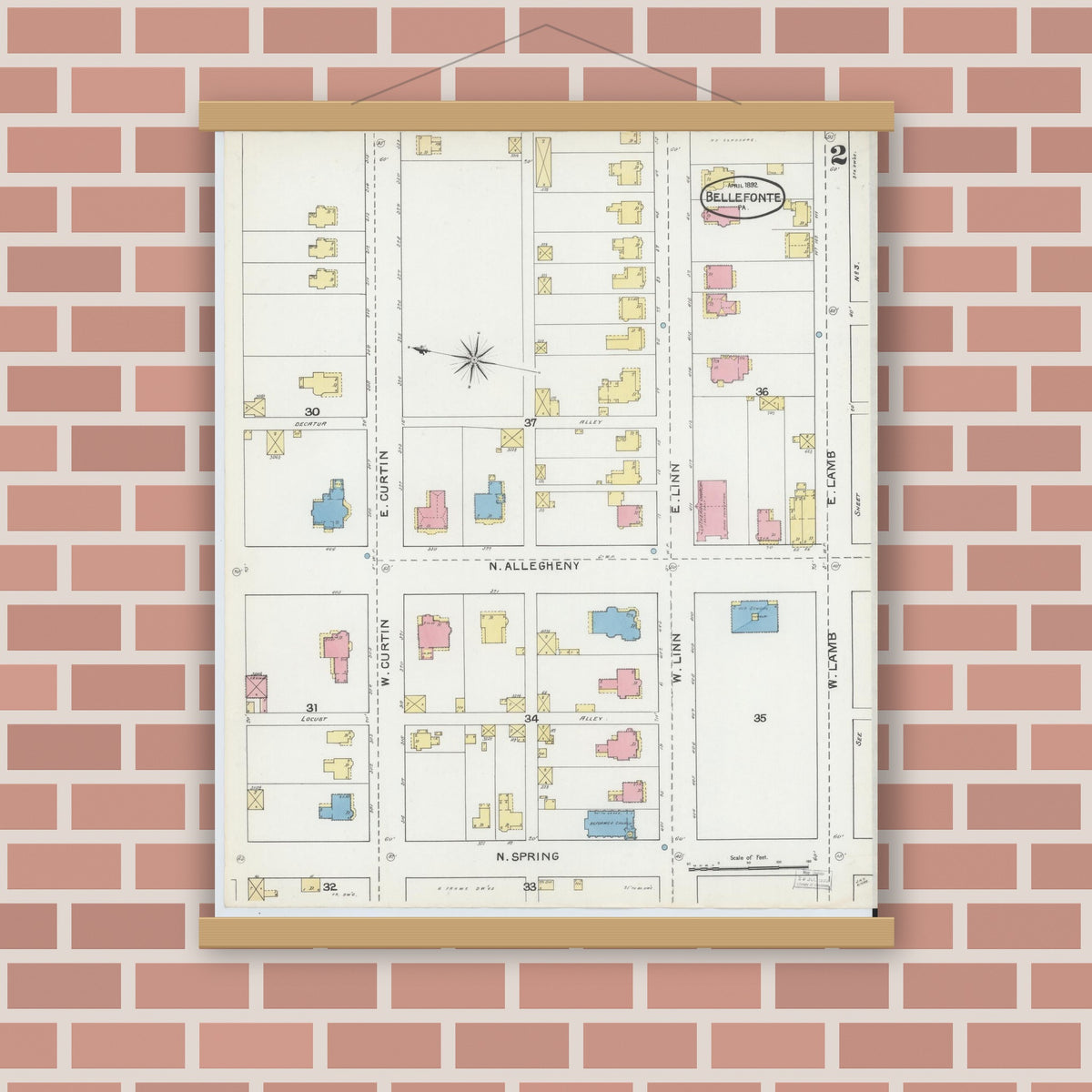 Old map wall art mockup — magnetic wood frame on brick wall — Sanborn Fire Insurance Map from Bellefonte, Centre County, Pennsylvania (1892), Sheet #0002