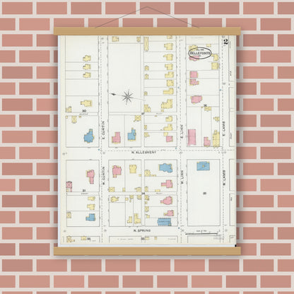 Old map wall art mockup — magnetic wood frame on brick wall — Sanborn Fire Insurance Map from Bellefonte, Centre County, Pennsylvania (1892), Sheet #0002