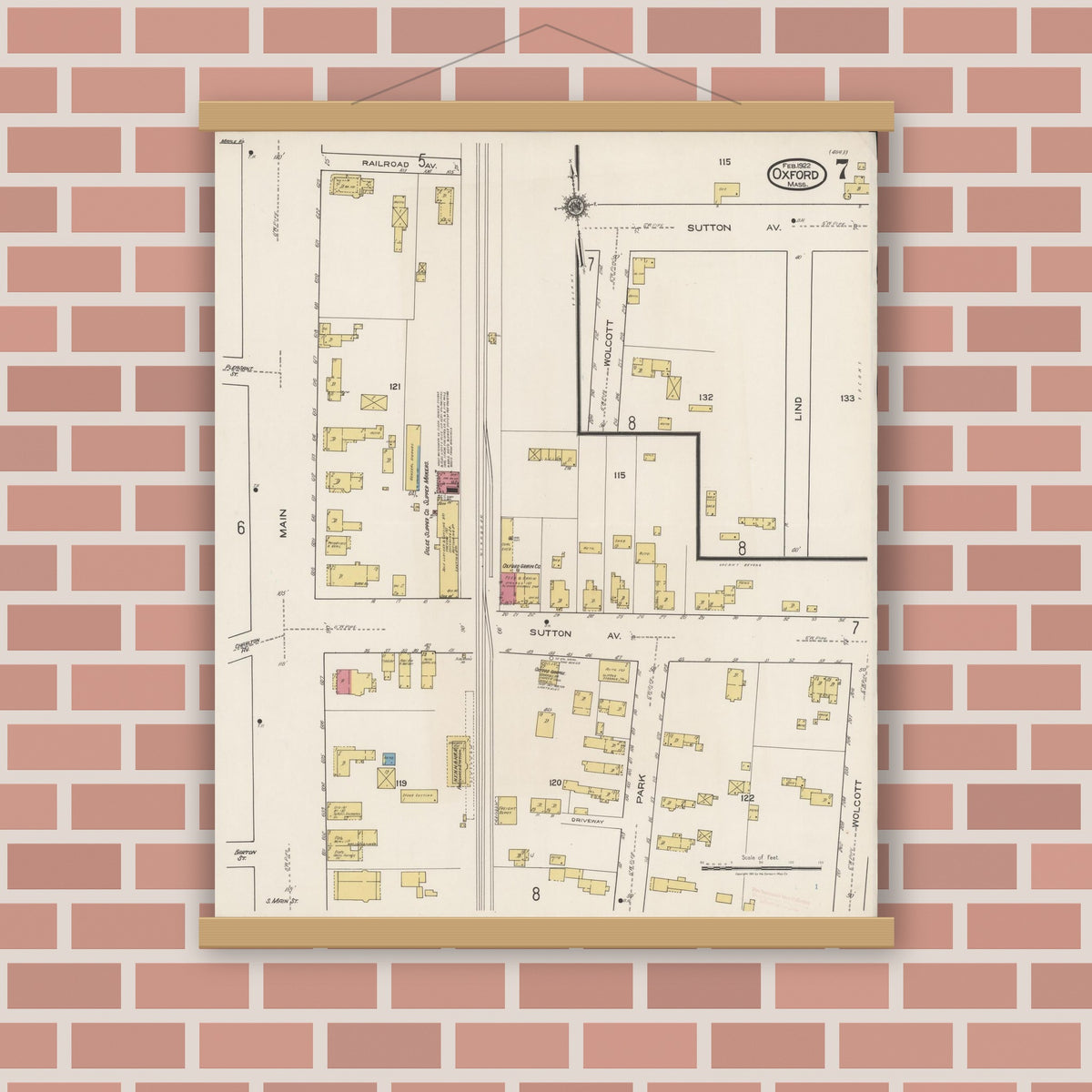 Old map wall art mockup — magnetic wood frame on brick wall — Sanborn Fire Insurance Map from Oxford, Worcester County, Massachusetts (1922), Sheet #0007