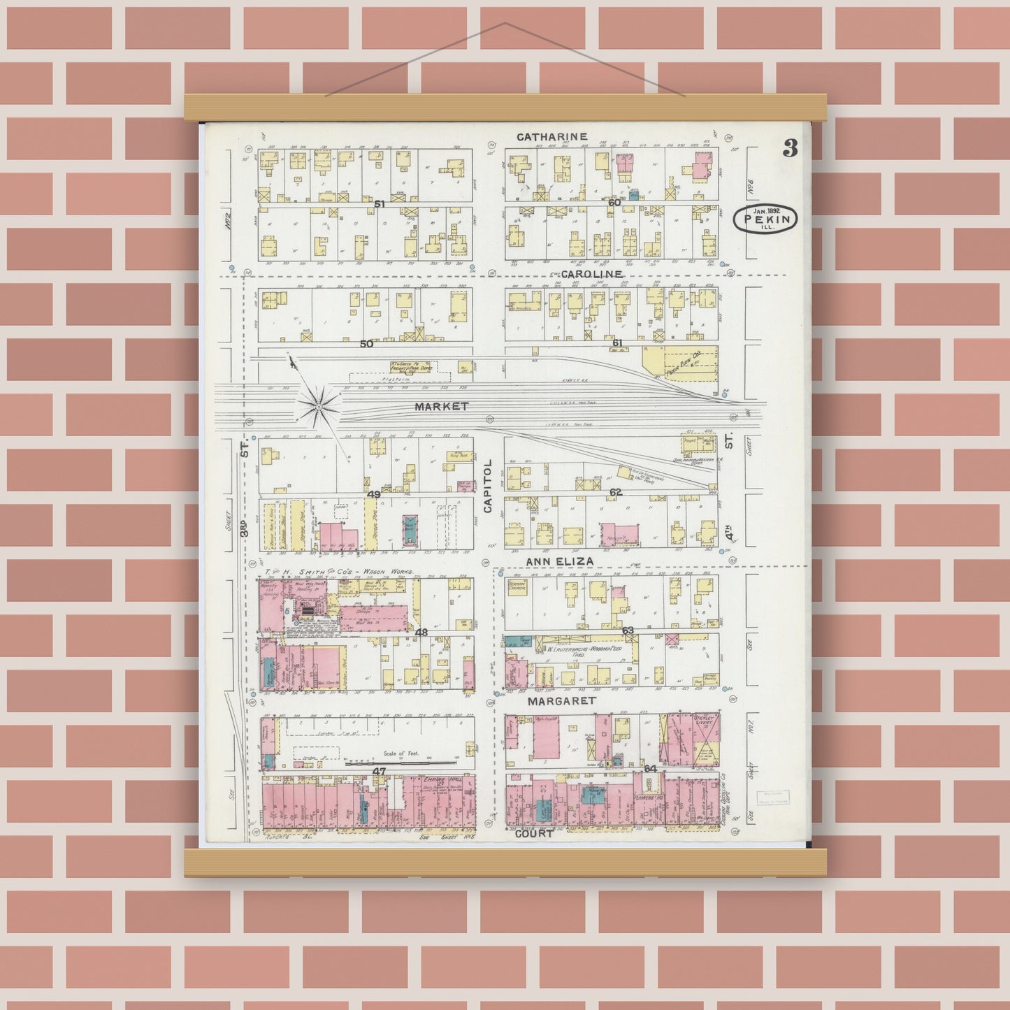 Old map wall art mockup — magnetic wood frame on brick wall — Sanborn Fire Insurance Map from Pekin, Tazewell County, Illinois (1892), Sheet #0003
