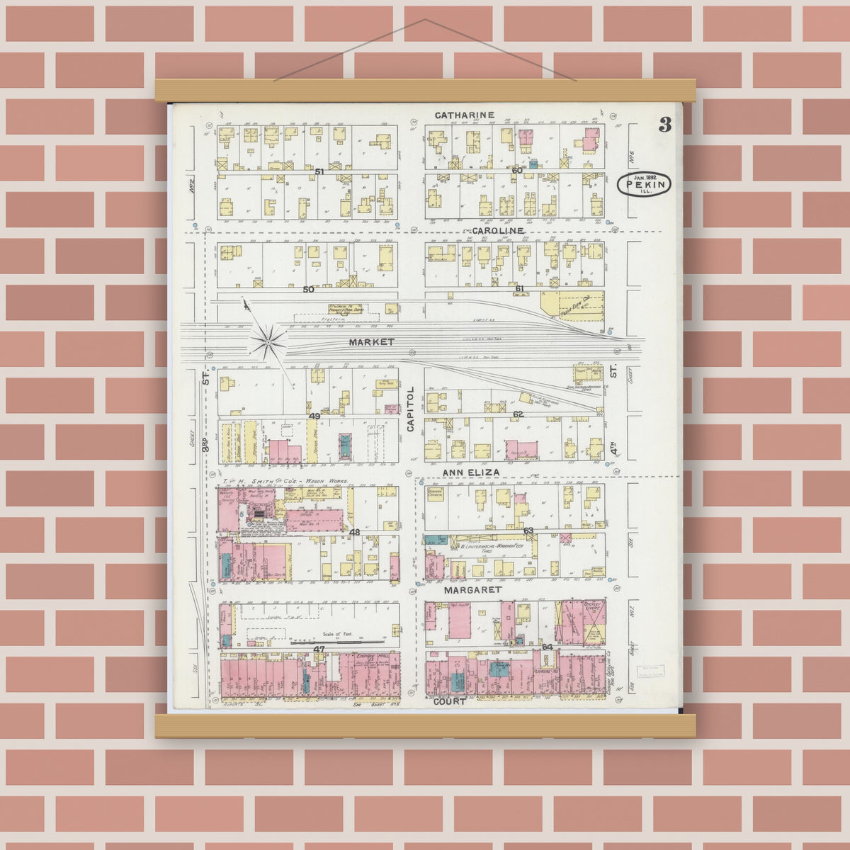 Old map wall art mockup — magnetic wood frame on brick wall — Sanborn Fire Insurance Map from Pekin, Tazewell County, Illinois (1892), Sheet #0003