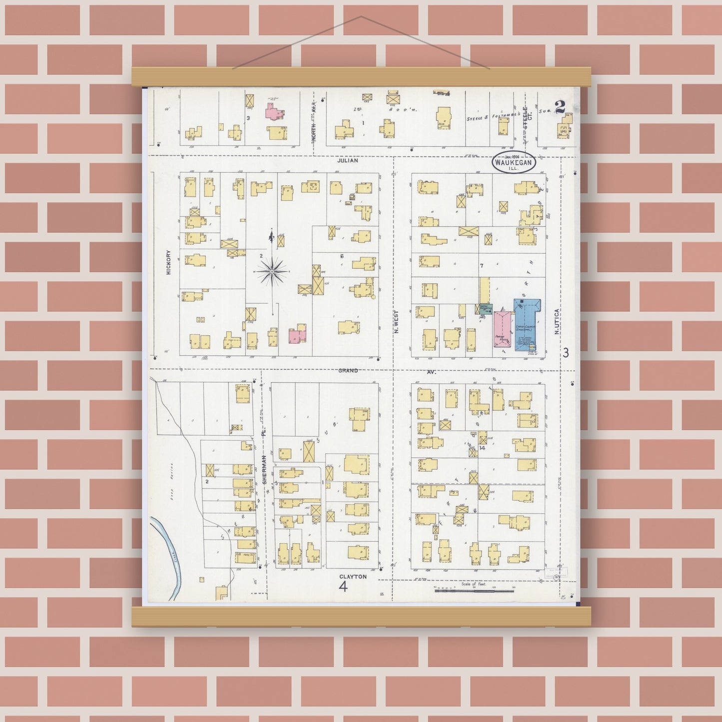 Old map wall art mockup — magnetic wood frame on brick wall — Sanborn Fire Insurance Map from Waukegan, Lake County, Illinois (1906), Sheet #0002