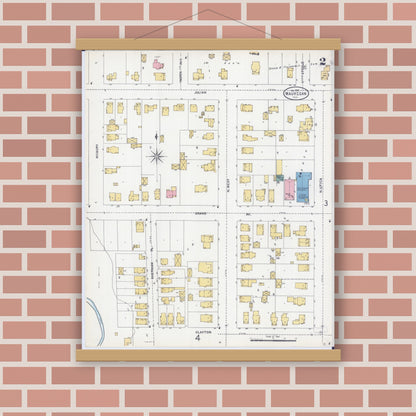 Old map wall art mockup — magnetic wood frame on brick wall — Sanborn Fire Insurance Map from Waukegan, Lake County, Illinois (1906), Sheet #0002