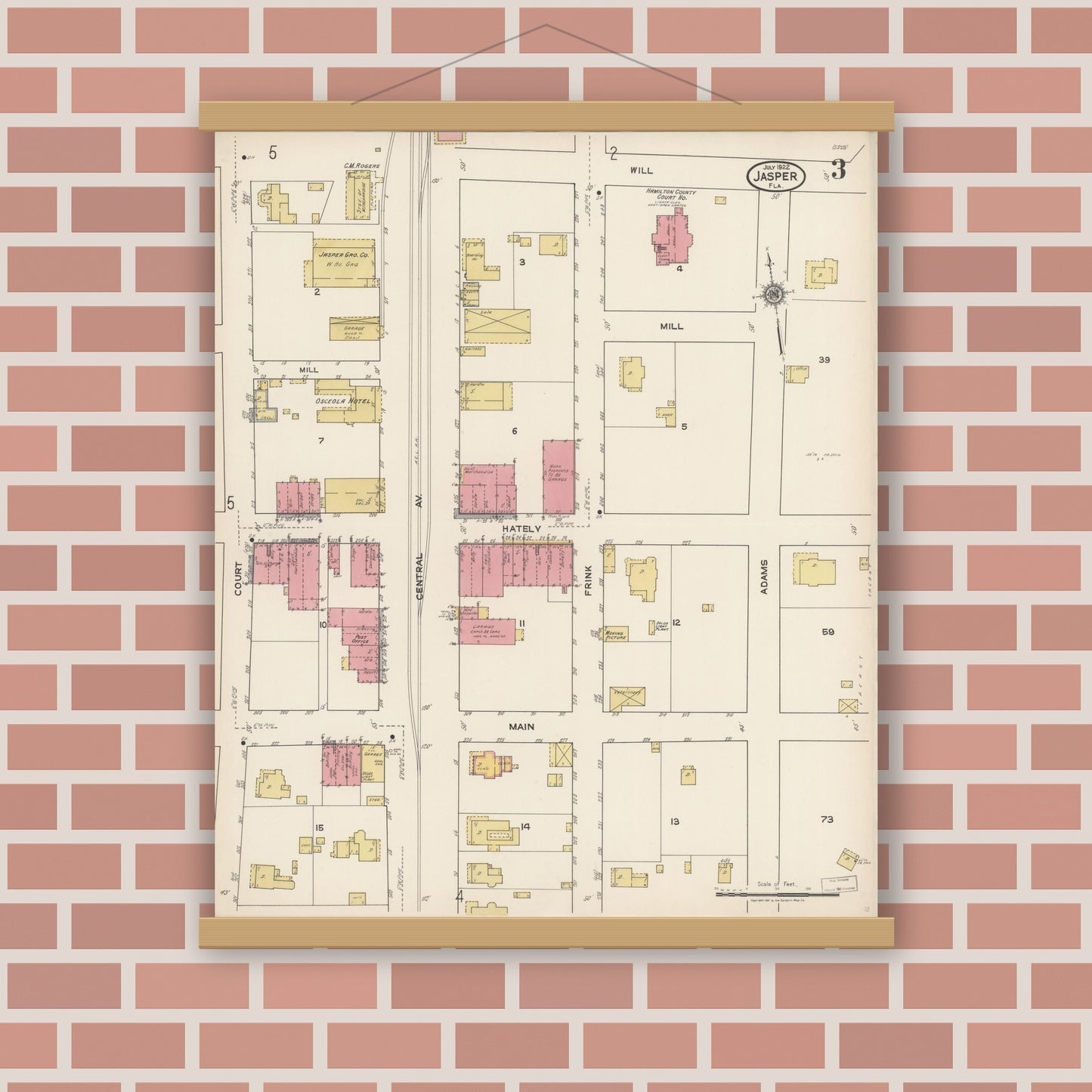 Old map wall art mockup — magnetic wood frame on brick wall — Sanborn Fire Insurance Map from Jasper, Hamilton County, Florida (1922), Sheet #0003