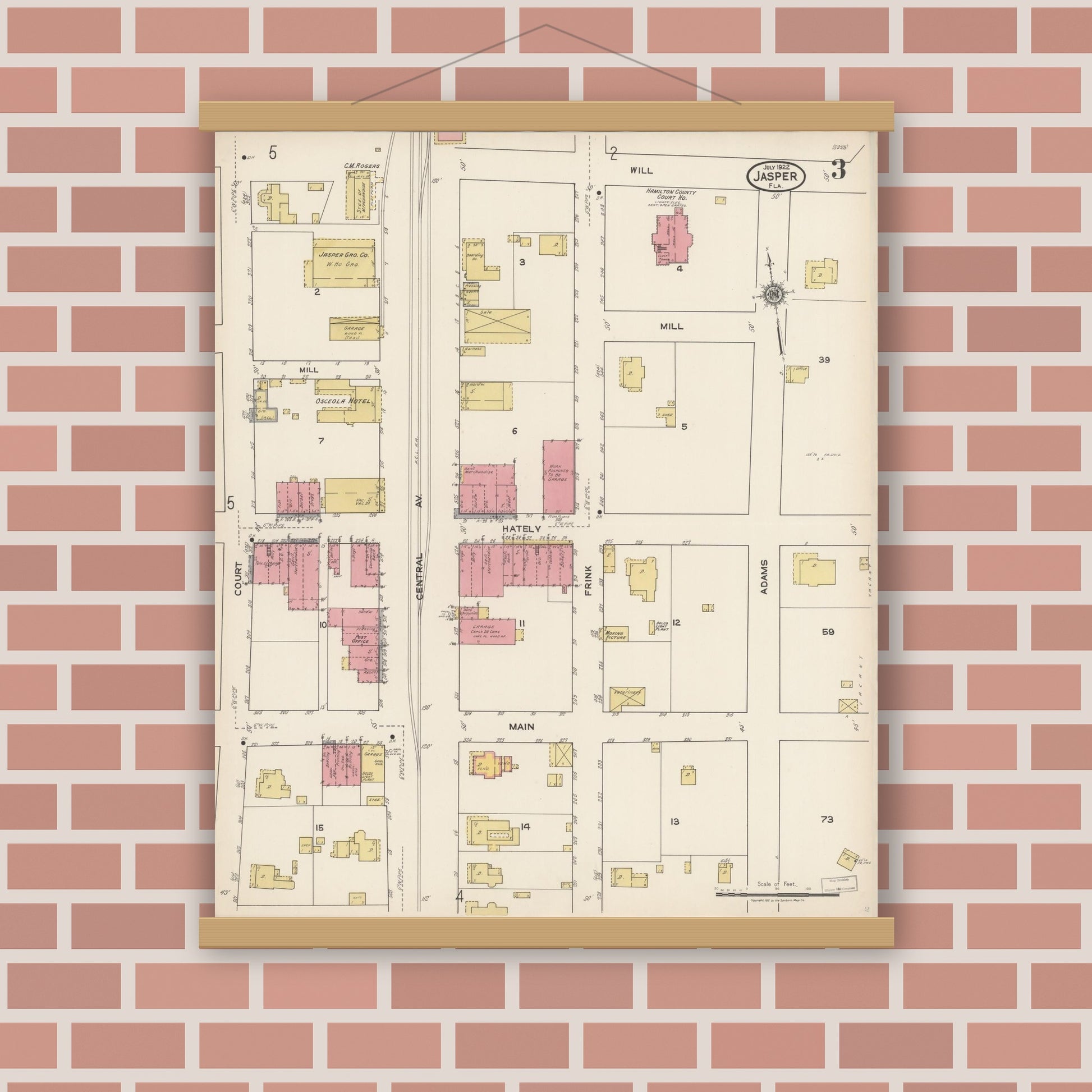 Old map wall art mockup — magnetic wood frame on brick wall — Sanborn Fire Insurance Map from Jasper, Hamilton County, Florida (1922), Sheet #0003