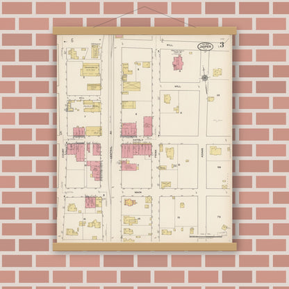 Old map wall art mockup — magnetic wood frame on brick wall — Sanborn Fire Insurance Map from Jasper, Hamilton County, Florida (1922), Sheet #0003