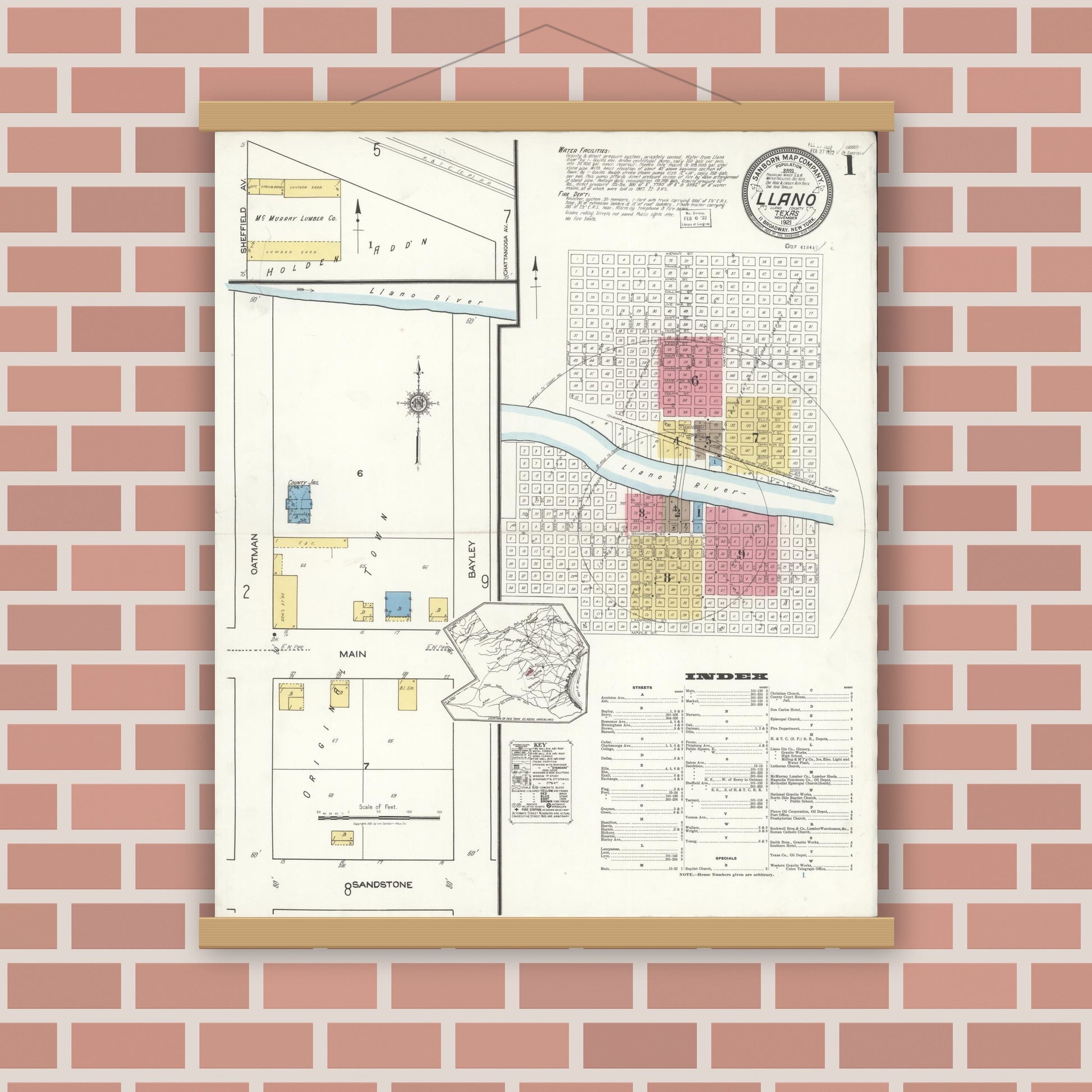 Old map wall art mockup — magnetic wood frame on brick wall — Sanborn Fire Insurance Map from Llano, Llano County, Texas (1921), Sheet #0001