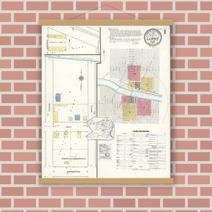 Old map wall art mockup — magnetic wood frame on brick wall — Sanborn Fire Insurance Map from Llano, Llano County, Texas (1921), Sheet #0001