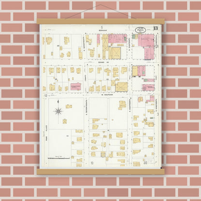 Old map wall art mockup — magnetic wood frame on brick wall — Sanborn Fire Insurance Map from Paris, Lamar County, Texas (1908), Sheet #0013