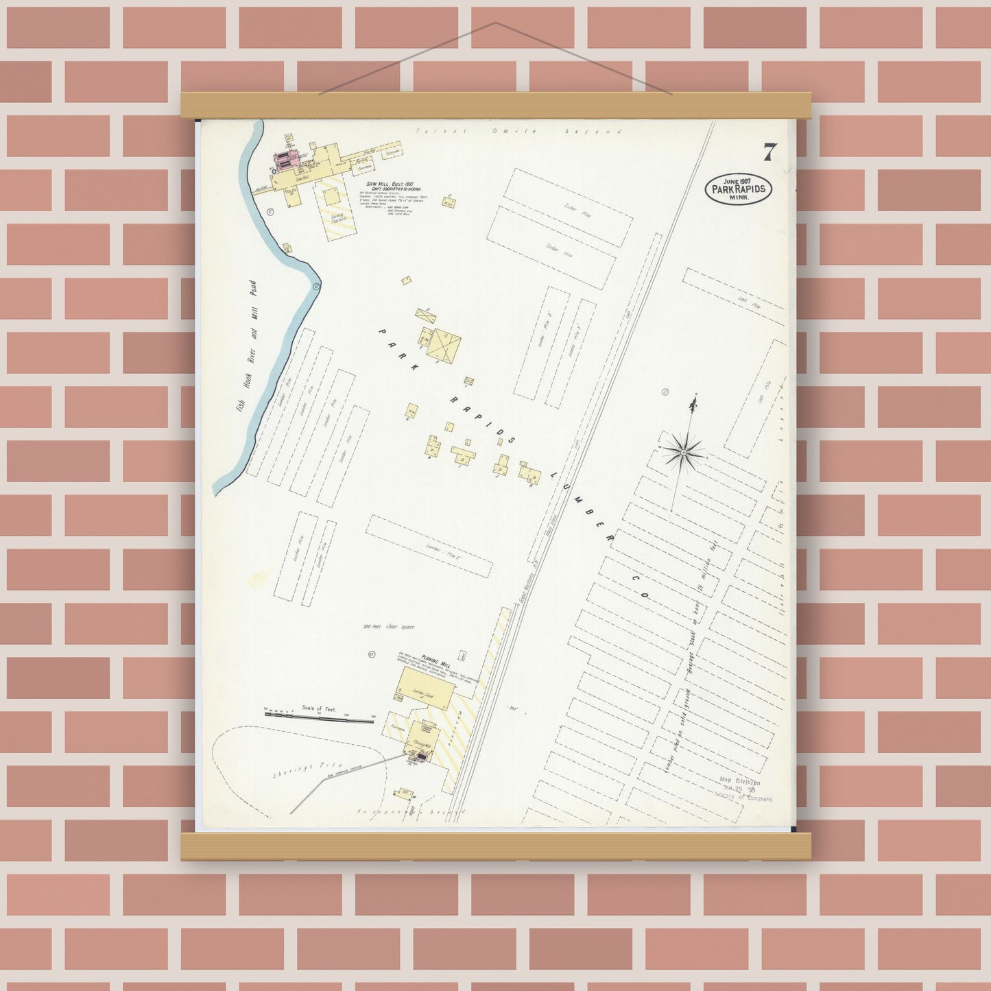 Old map wall art mockup — magnetic wood frame on brick wall — Sanborn Fire Insurance Map from Park Rapids, Hubbard County, Minnesota (1907), Sheet #0007