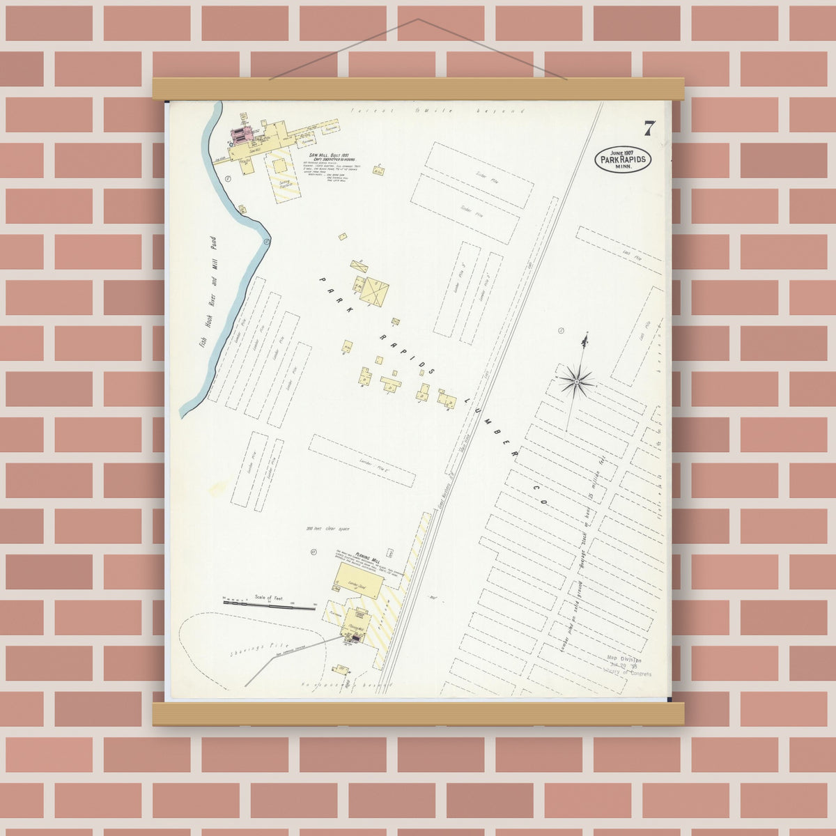 Old map wall art mockup — magnetic wood frame on brick wall — Sanborn Fire Insurance Map from Park Rapids, Hubbard County, Minnesota (1907), Sheet #0007