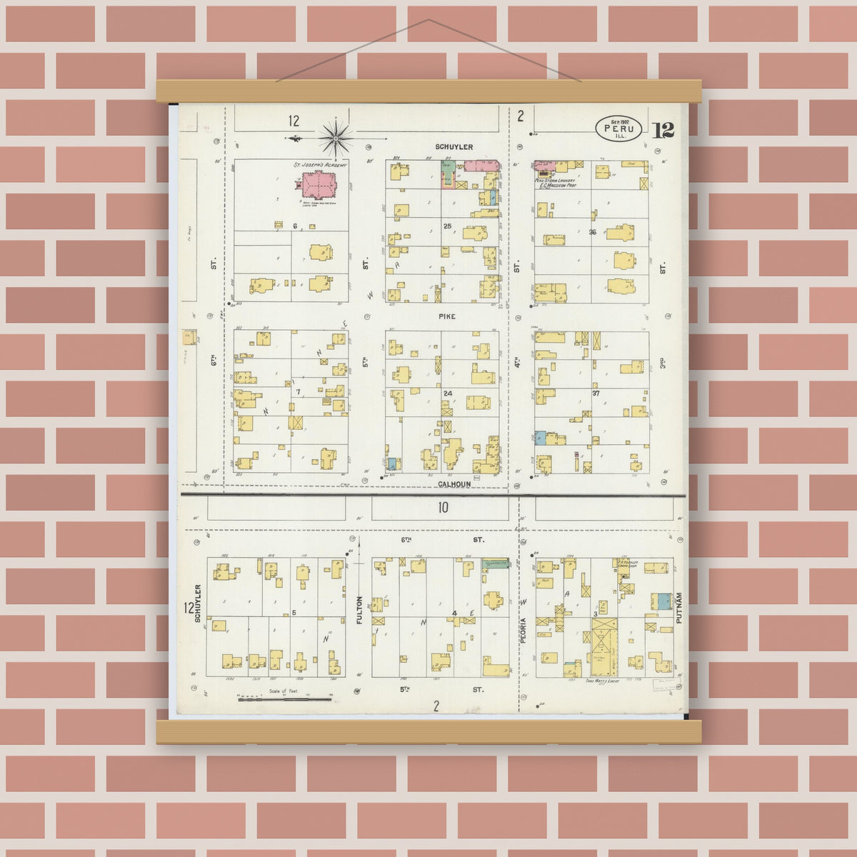 Old map wall art mockup — magnetic wood frame on brick wall — Sanborn Fire Insurance Map from Peru, La Salle County, Illinois (1902), Sheet #0012