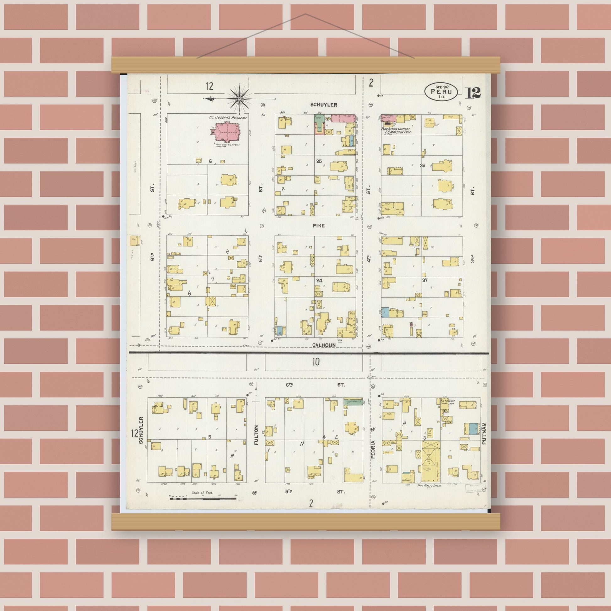 Old map wall art mockup — magnetic wood frame on brick wall — Sanborn Fire Insurance Map from Peru, La Salle County, Illinois (1902), Sheet #0012