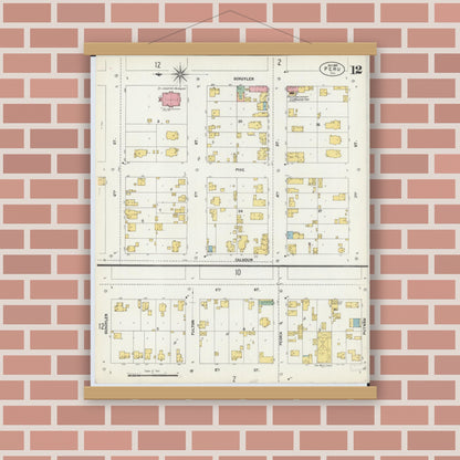 Old map wall art mockup — magnetic wood frame on brick wall — Sanborn Fire Insurance Map from Peru, La Salle County, Illinois (1902), Sheet #0012