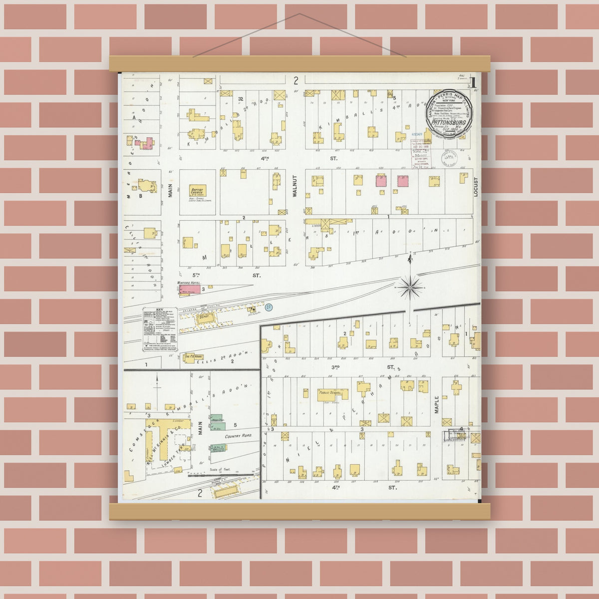 Old map wall art mockup — magnetic wood frame on brick wall — Sanborn Fire Insurance Map from Pattonsburg, Daviess County, Missouri (1900), Sheet #0001