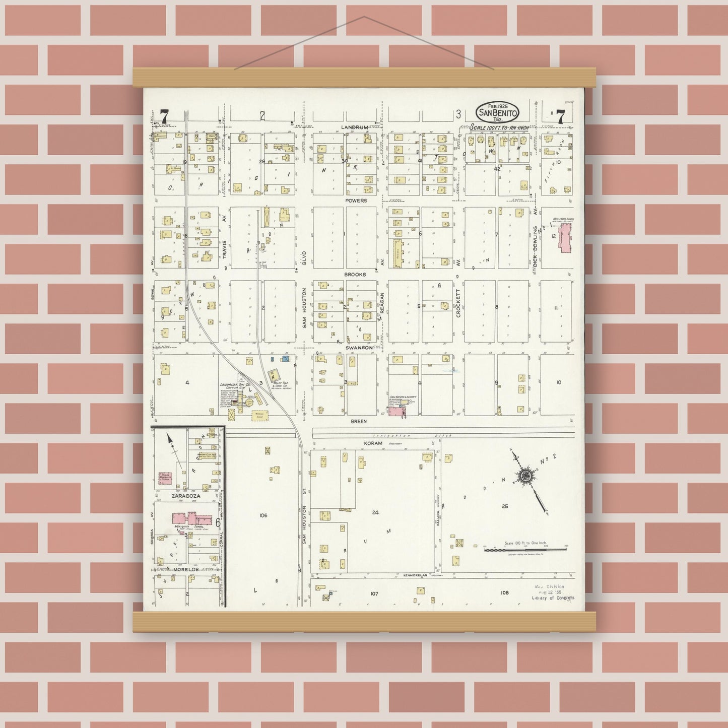 Old map wall art mockup — magnetic wood frame on brick wall — Sanborn Fire Insurance Map from San Benito, Cameron County, Texas (1925), Sheet #0007