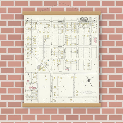 Old map wall art mockup — magnetic wood frame on brick wall — Sanborn Fire Insurance Map from San Benito, Cameron County, Texas (1925), Sheet #0007
