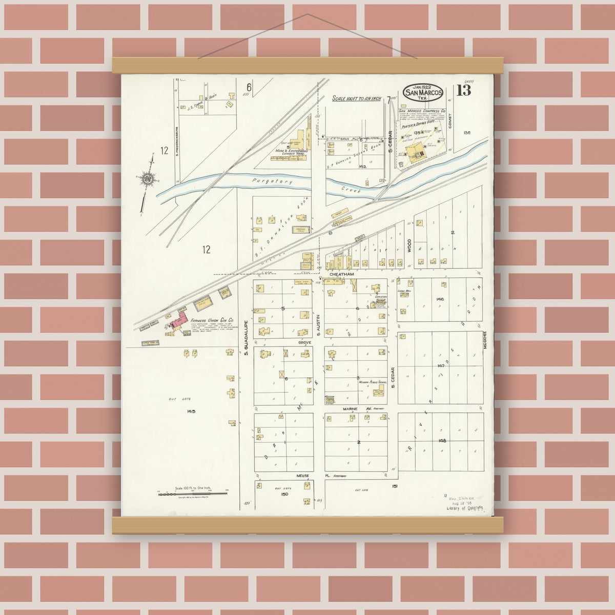 Old map wall art mockup — magnetic wood frame on brick wall — Sanborn Fire Insurance Map from San Marcos, Hays County, Texas (1922), Sheet #0013
