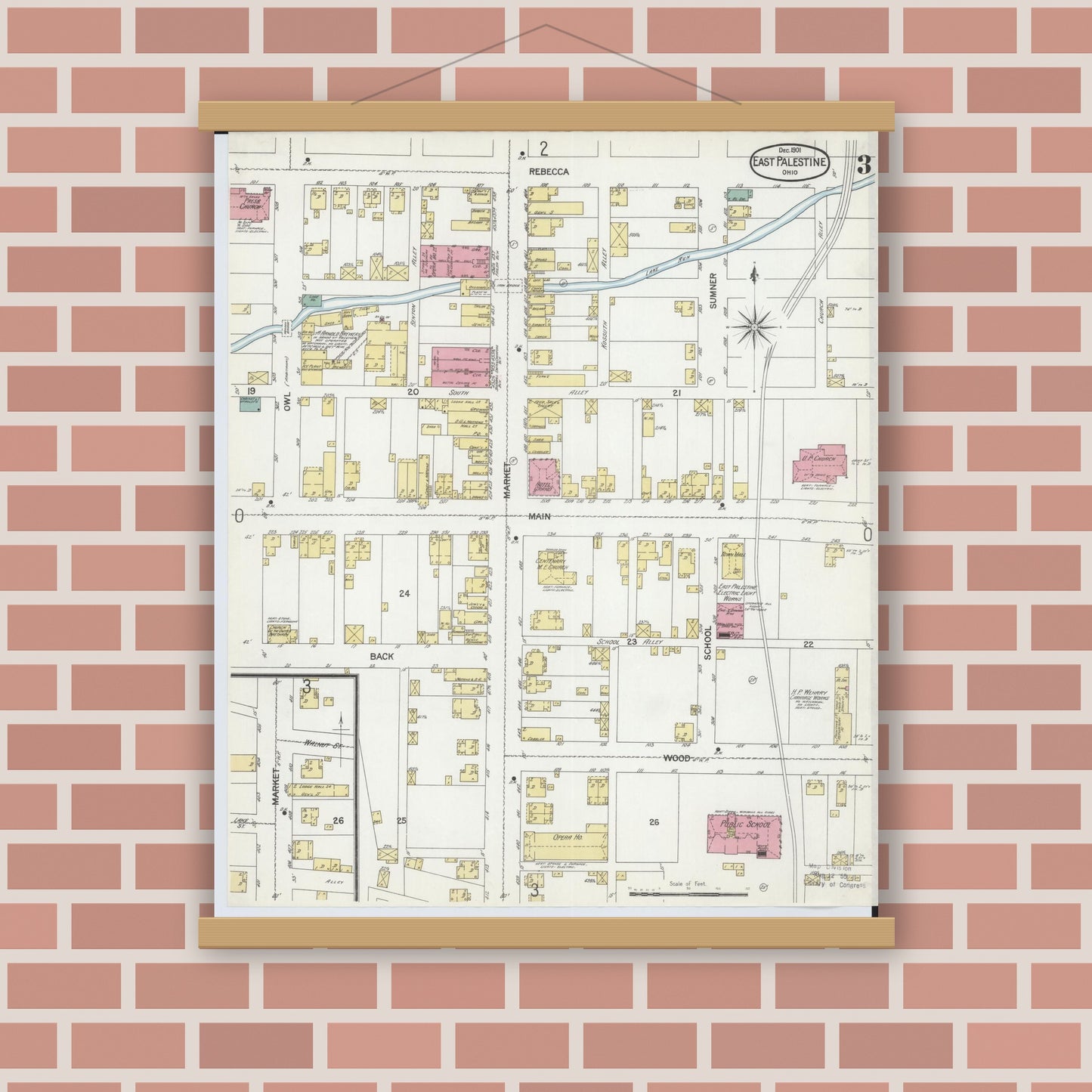 Old map wall art mockup — magnetic wood frame on brick wall — Sanborn Fire Insurance Map from East Palestine, Columbiana County, Ohio (1901), Sheet #0003