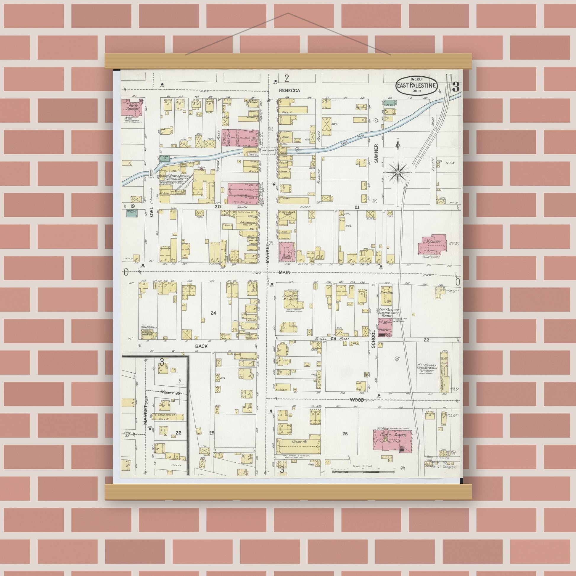 Old map wall art mockup — magnetic wood frame on brick wall — Sanborn Fire Insurance Map from East Palestine, Columbiana County, Ohio (1901), Sheet #0003