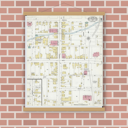 Old map wall art mockup — magnetic wood frame on brick wall — Sanborn Fire Insurance Map from East Palestine, Columbiana County, Ohio (1901), Sheet #0003