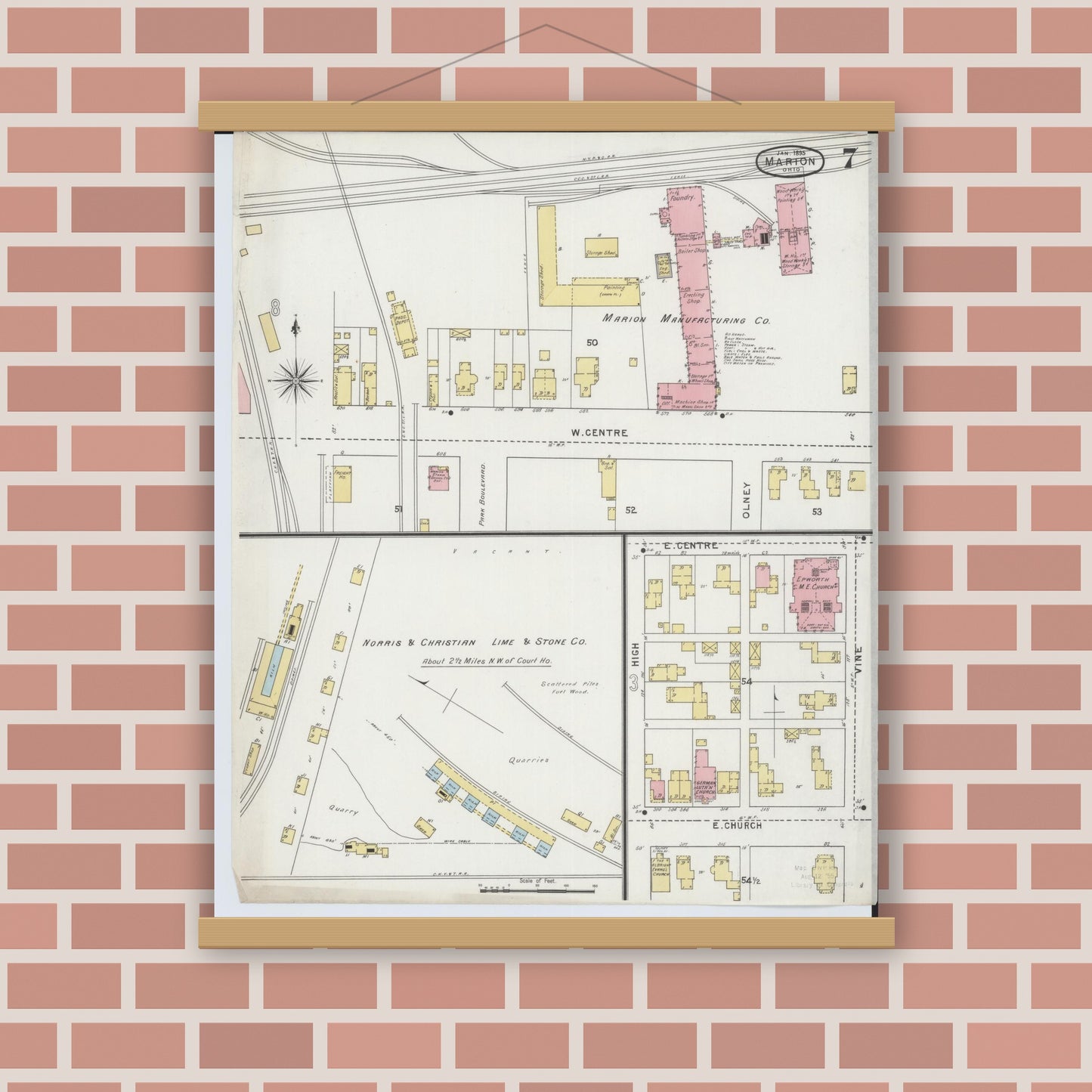 Old map wall art mockup — magnetic wood frame on brick wall — Sanborn Fire Insurance Map from Marion, Marion County, Ohio (1895), Sheet #0007