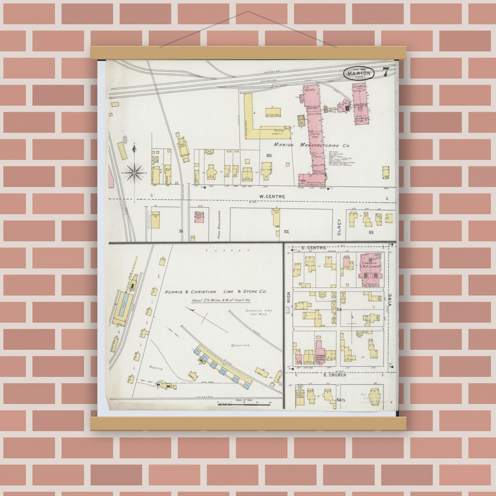 Old map wall art mockup — magnetic wood frame on brick wall — Sanborn Fire Insurance Map from Marion, Marion County, Ohio (1895), Sheet #0007