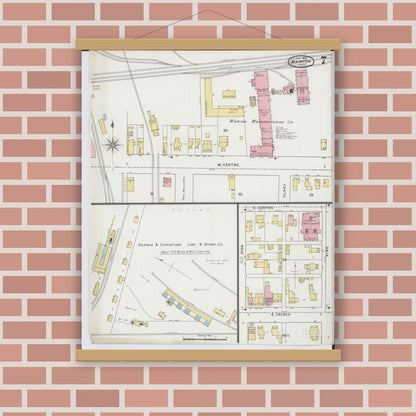 Old map wall art mockup — magnetic wood frame on brick wall — Sanborn Fire Insurance Map from Marion, Marion County, Ohio (1895), Sheet #0007