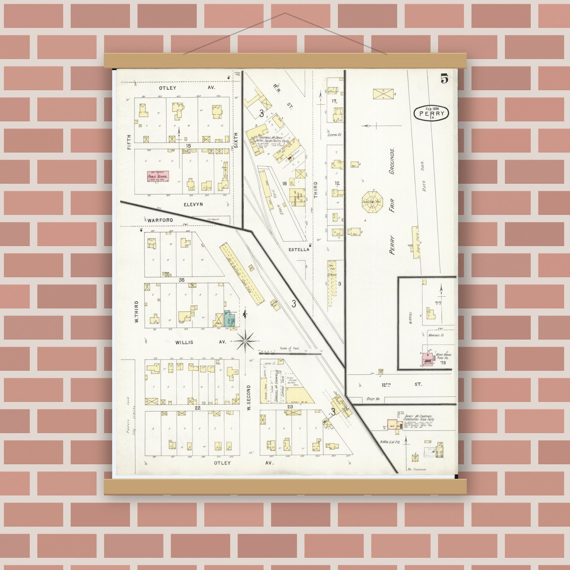 Old map wall art mockup — magnetic wood frame on brick wall — Sanborn Fire Insurance Map from Perry, Dallas County, Iowa (1896), Sheet #0005
