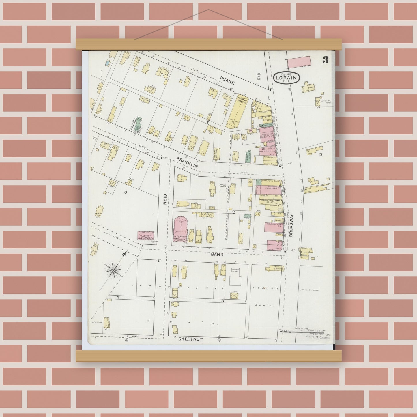 Old map wall art mockup — magnetic wood frame on brick wall — Sanborn Fire Insurance Map from Lorain, Lorain County, Ohio (1893), Sheet #0003