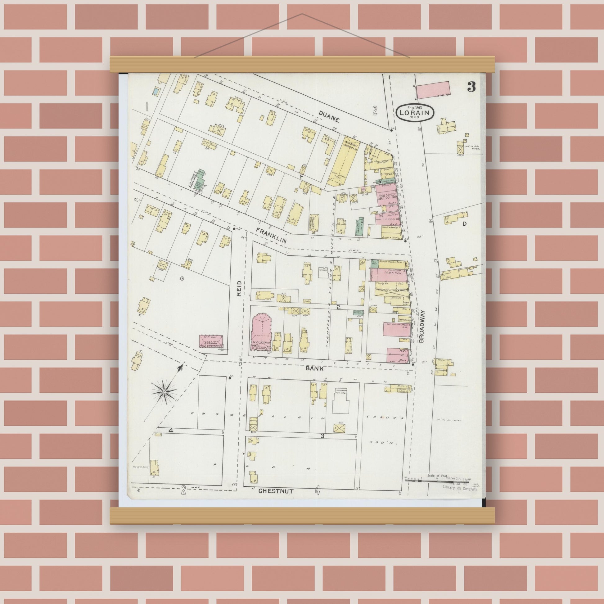 Old map wall art mockup — magnetic wood frame on brick wall — Sanborn Fire Insurance Map from Lorain, Lorain County, Ohio (1893), Sheet #0003