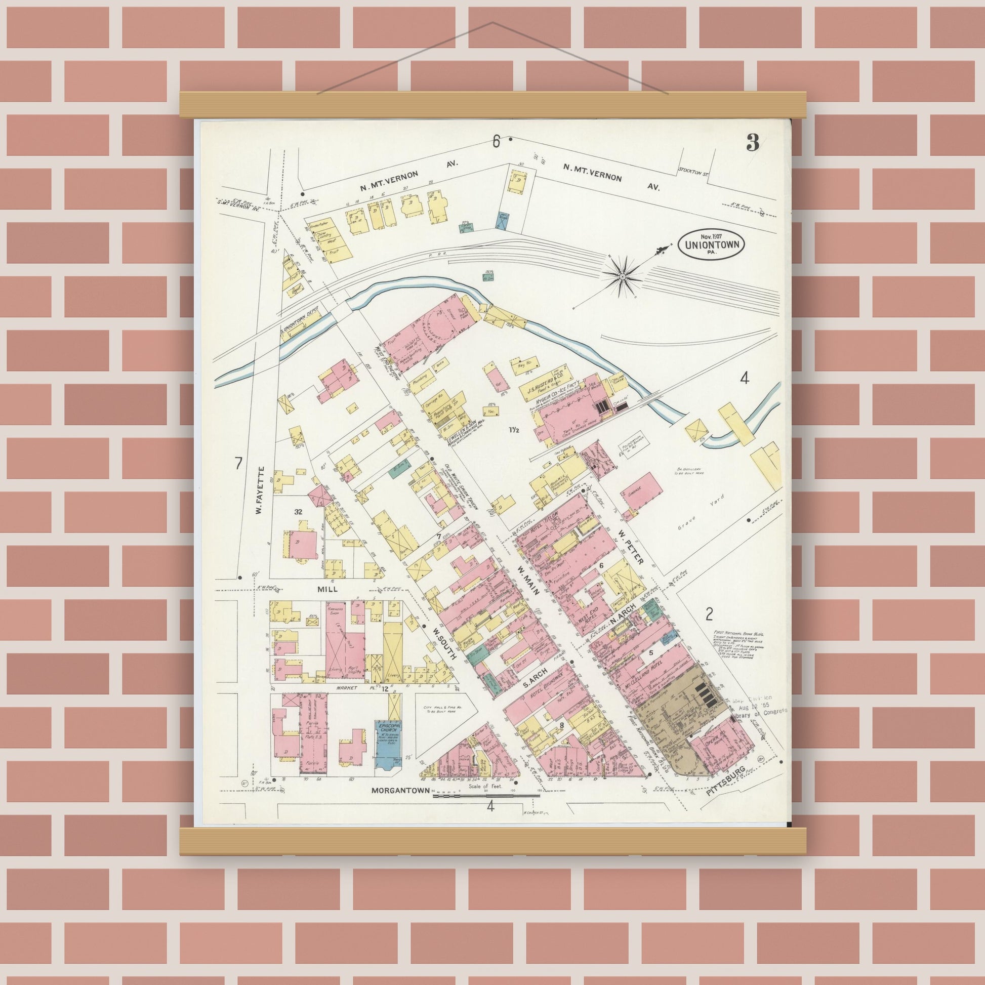 Old map wall art mockup — magnetic wood frame on brick wall — Sanborn Fire Insurance Map from Uniontown, Fayette County, Pennsylvania (1907), Sheet #0003