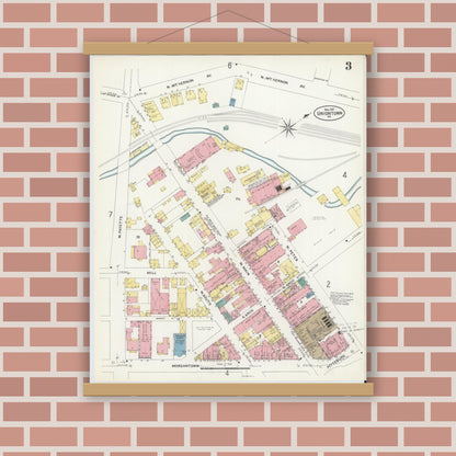 Old map wall art mockup — magnetic wood frame on brick wall — Sanborn Fire Insurance Map from Uniontown, Fayette County, Pennsylvania (1907), Sheet #0003