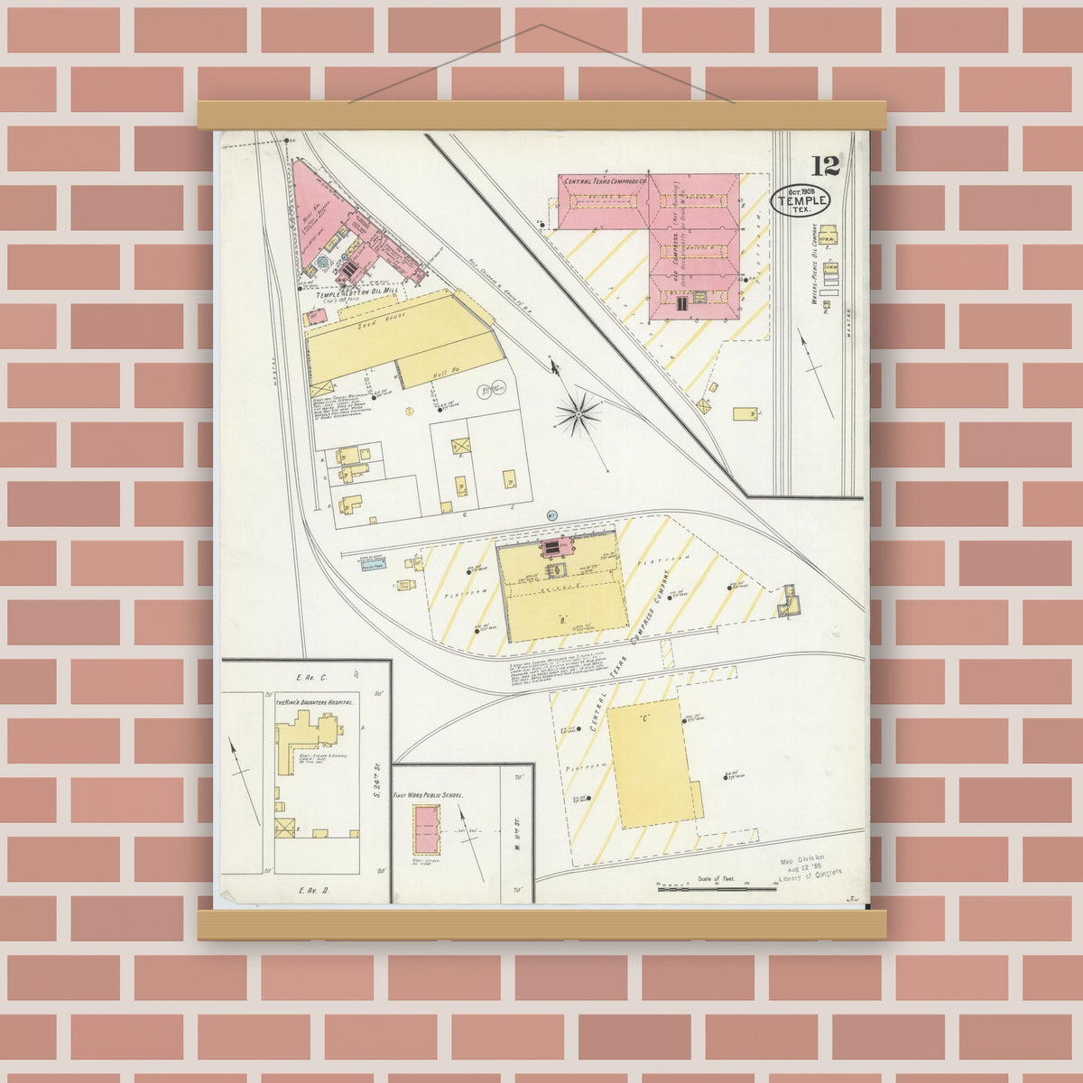 Old map wall art mockup — magnetic wood frame on brick wall — Sanborn Fire Insurance Map from Temple, Bell County, Texas (1905), Sheet #0012