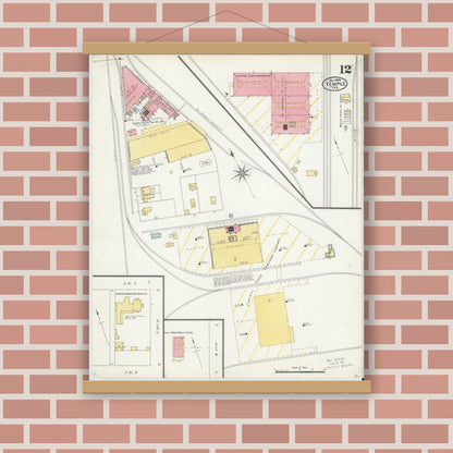 Old map wall art mockup — magnetic wood frame on brick wall — Sanborn Fire Insurance Map from Temple, Bell County, Texas (1905), Sheet #0012