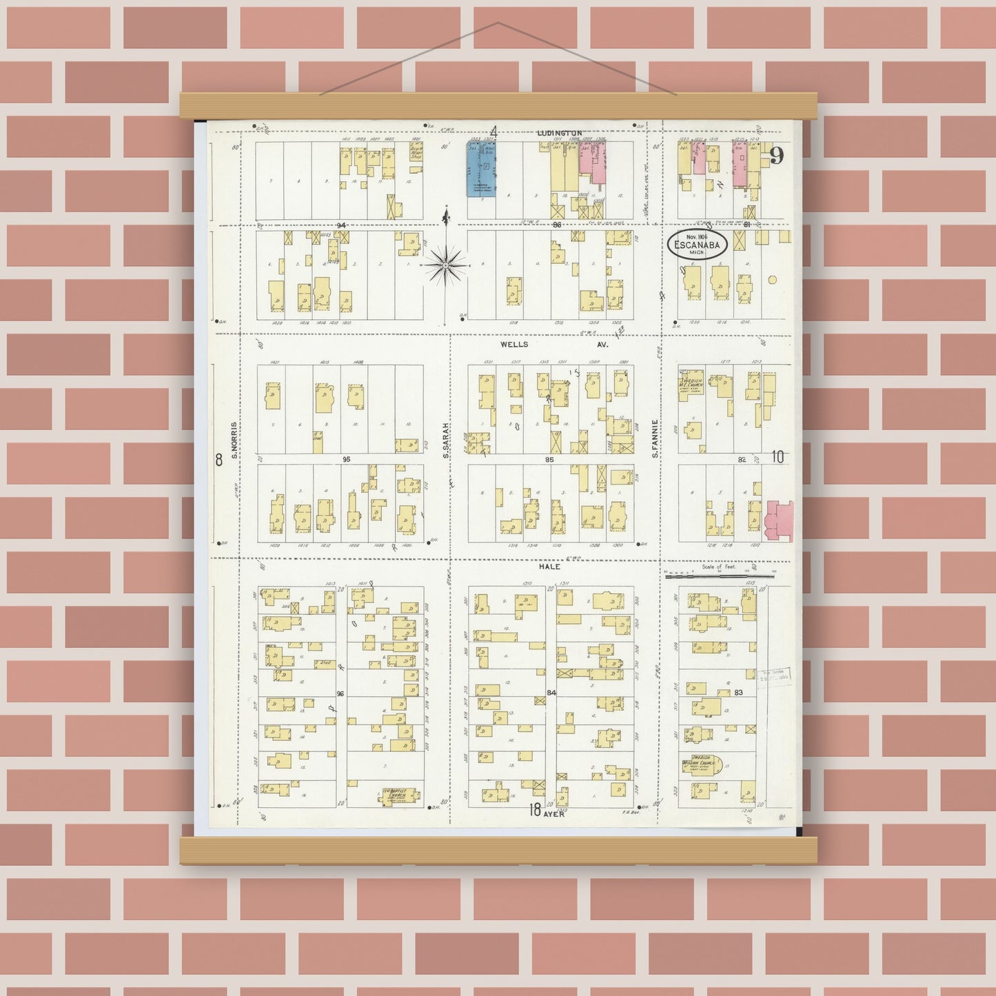 Old map wall art mockup — magnetic wood frame on brick wall — Sanborn Fire Insurance Map from Escanaba, Delta County, Michigan (1906), Sheet #0009