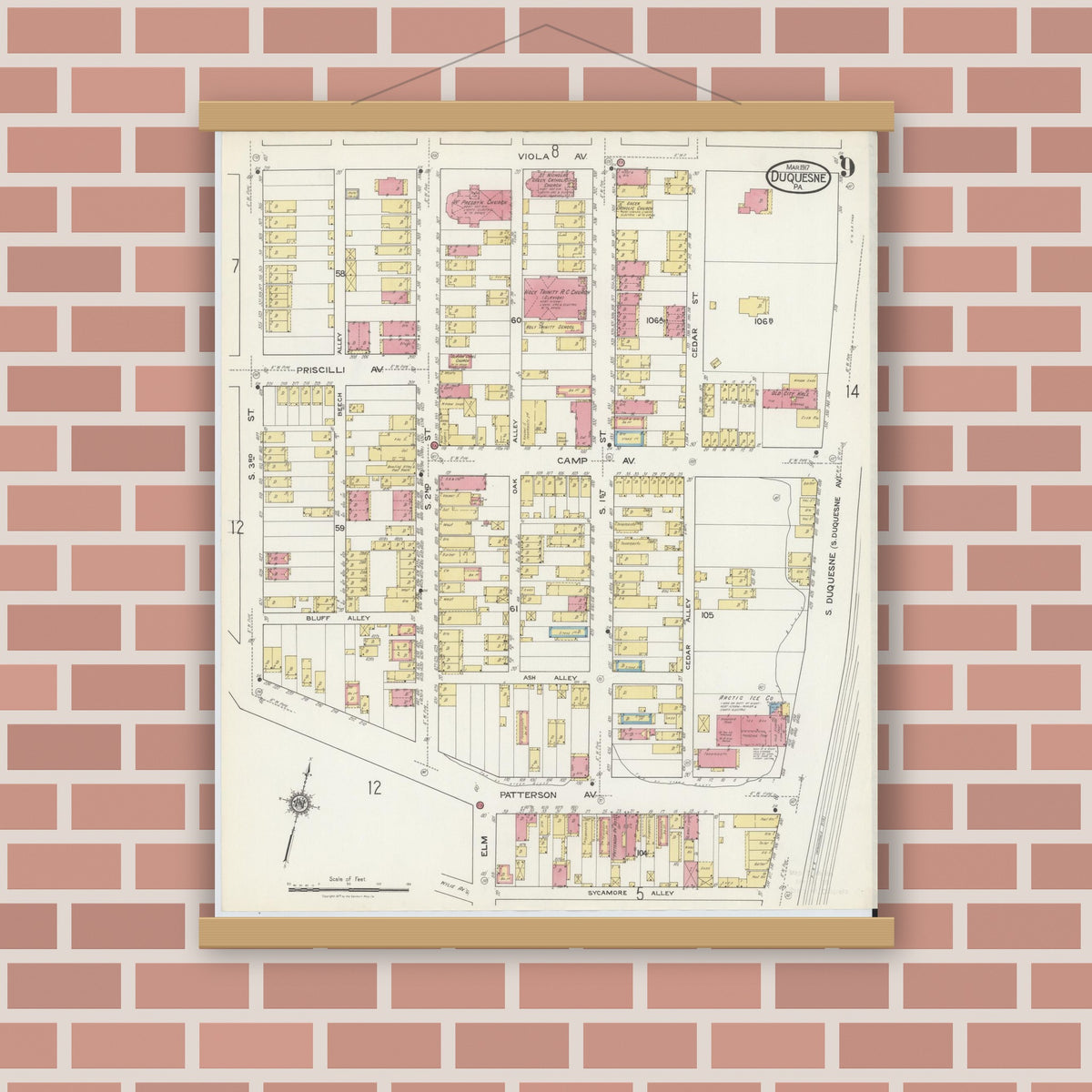 Old map wall art mockup — magnetic wood frame on brick wall — Sanborn Fire Insurance Map from Duquesne, Allegheny County, Pennsylvania (1917), Sheet #0009