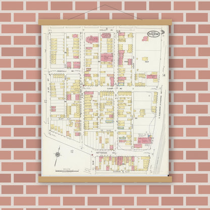 Old map wall art mockup — magnetic wood frame on brick wall — Sanborn Fire Insurance Map from Duquesne, Allegheny County, Pennsylvania (1917), Sheet #0009