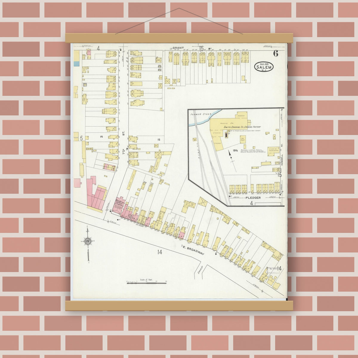 Old map wall art mockup — magnetic wood frame on brick wall — Sanborn Fire Insurance Map from Salem, Salem County, New Jersey (1915), Sheet #0006