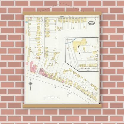 Old map wall art mockup — magnetic wood frame on brick wall — Sanborn Fire Insurance Map from Salem, Salem County, New Jersey (1915), Sheet #0006
