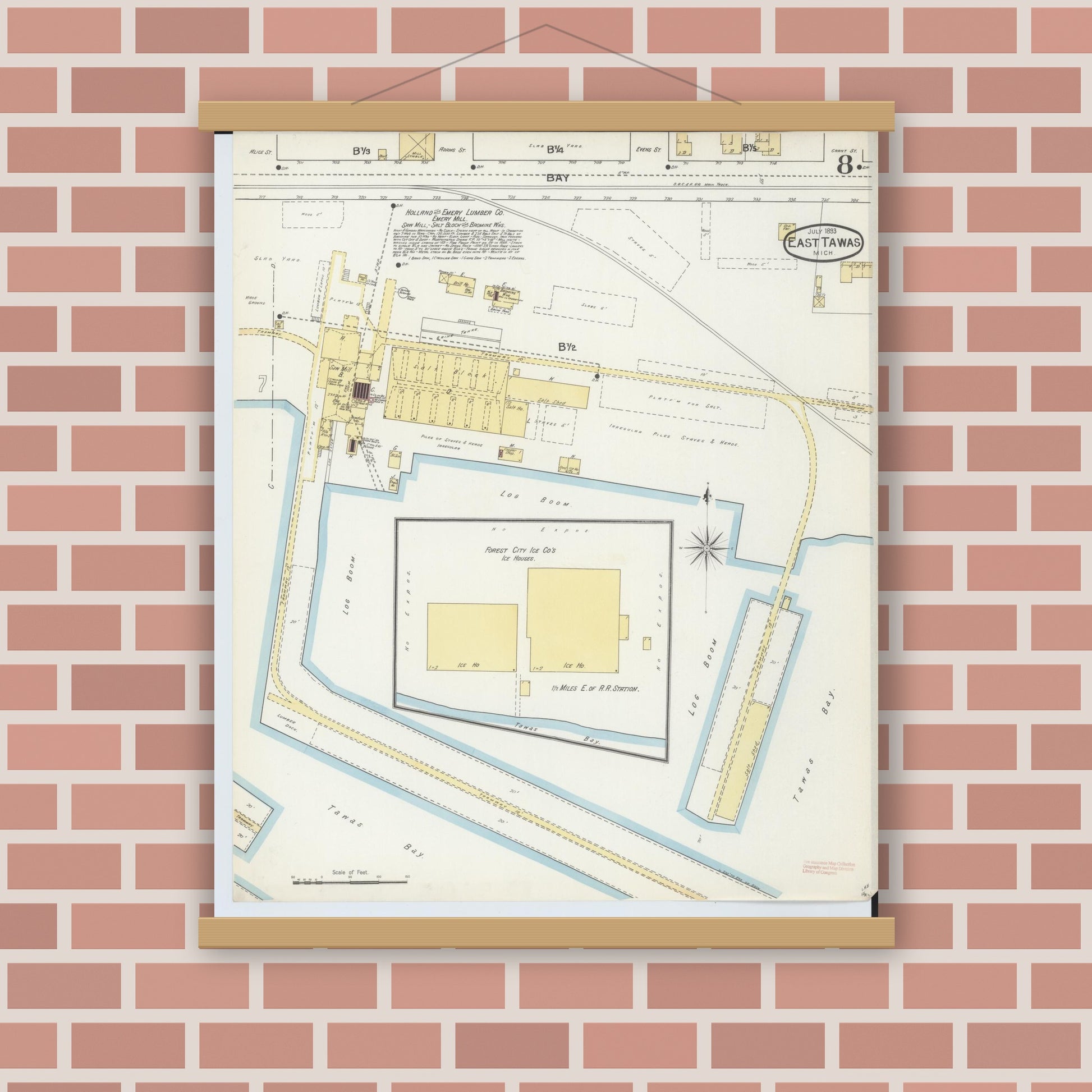 Old map wall art mockup — magnetic wood frame on brick wall — Sanborn Fire Insurance Map from East Tawas, Iosco County, Michigan (1893), Sheet #0008