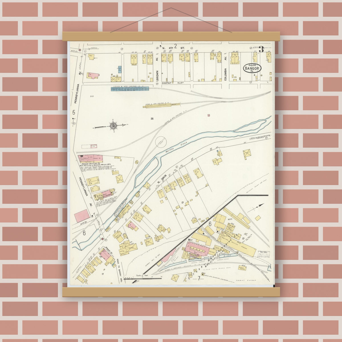 Old map wall art mockup — magnetic wood frame on brick wall — Sanborn Fire Insurance Map from Bangor, Northampton County, Pennsylvania (1912), Sheet #0003