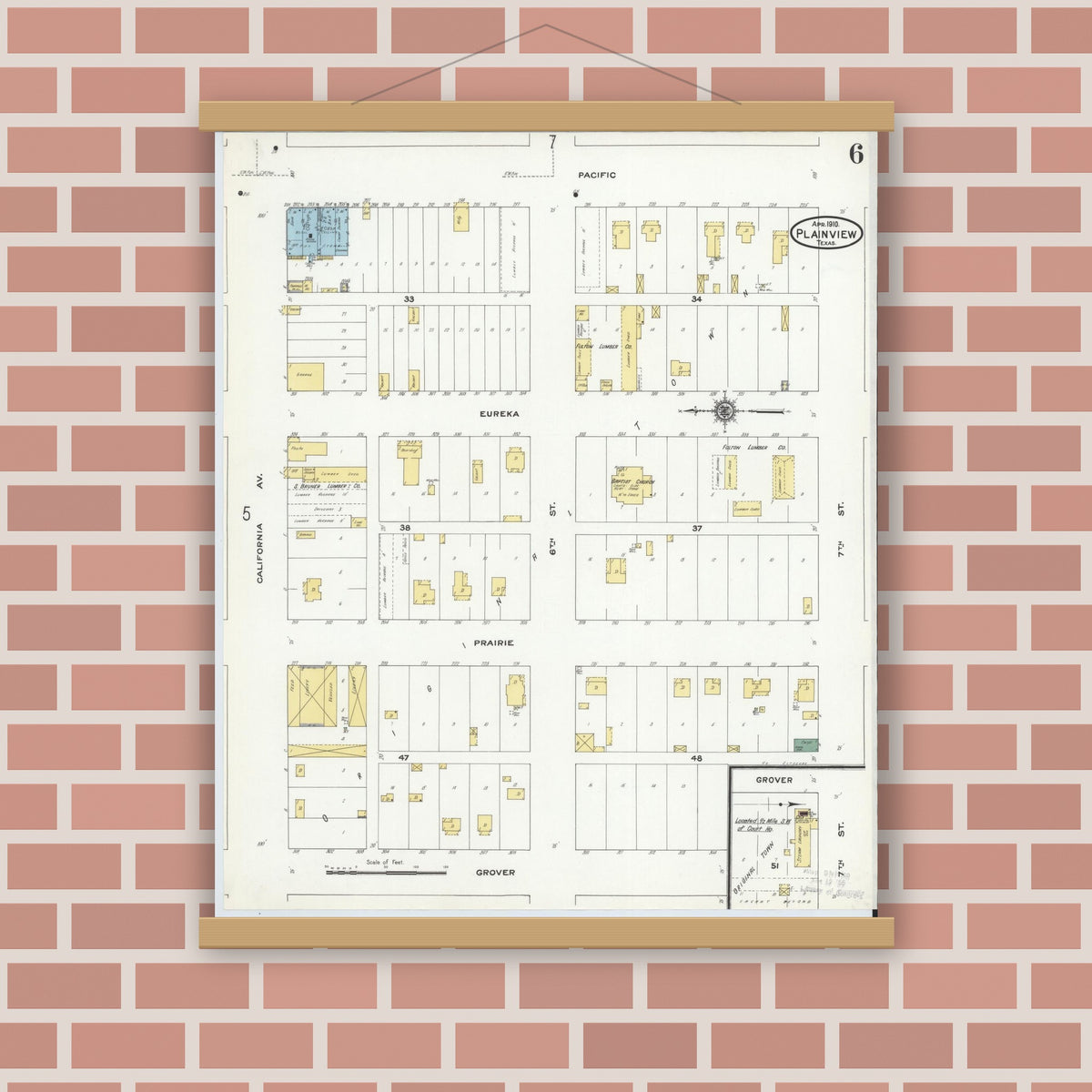 Old map wall art mockup — magnetic wood frame on brick wall — Sanborn Fire Insurance Map from Plainview, Hale County, Texas (1910), Sheet #0006
