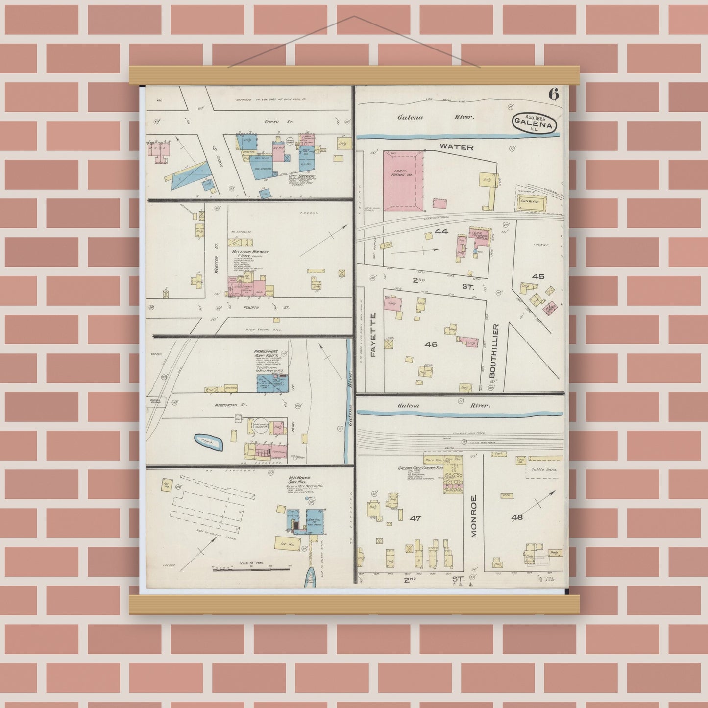 Old map wall art mockup — magnetic wood frame on brick wall — Sanborn Fire Insurance Map from Galena, Jo Daviess County, Illinois (1885), Sheet #0006