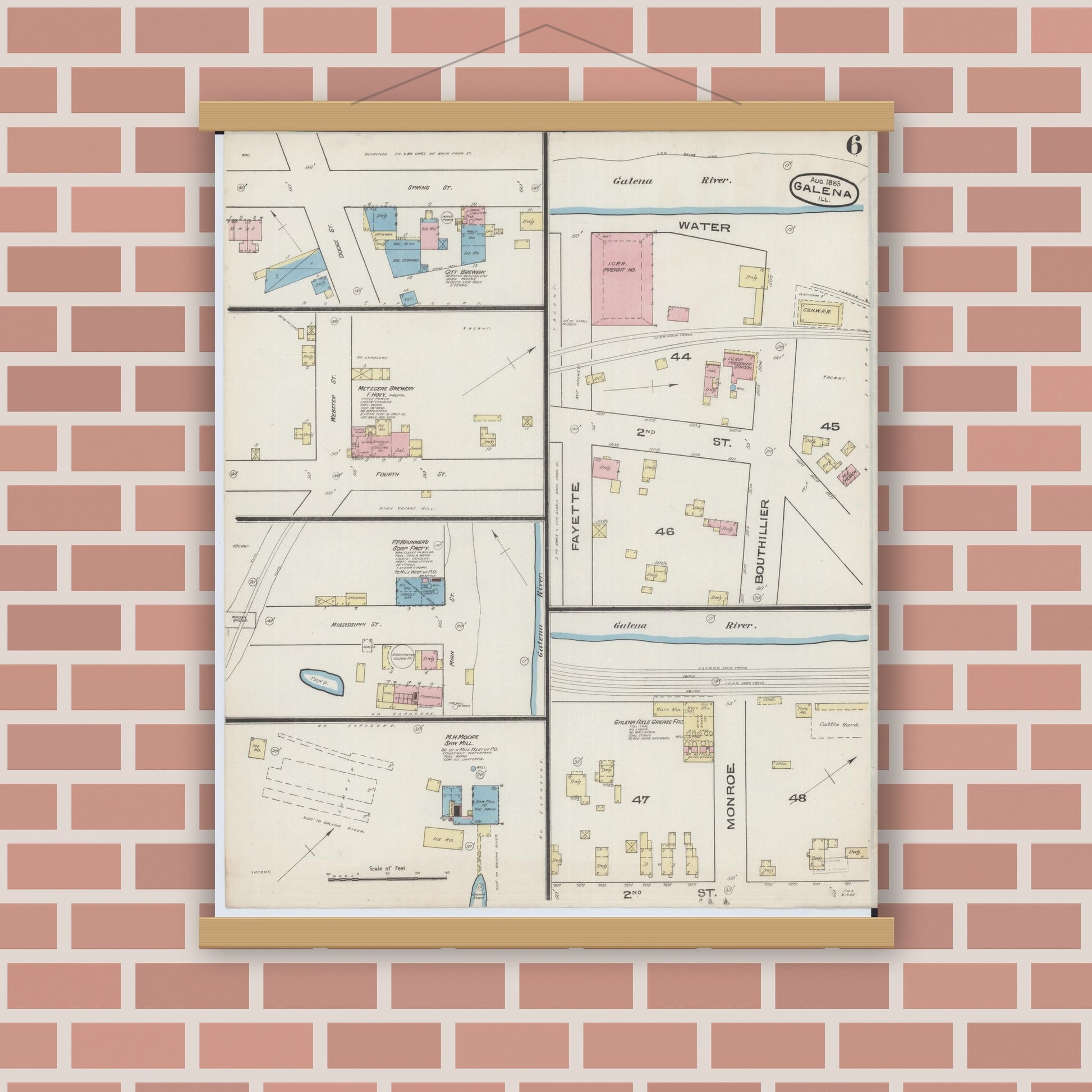 Old map wall art mockup — magnetic wood frame on brick wall — Sanborn Fire Insurance Map from Galena, Jo Daviess County, Illinois (1885), Sheet #0006