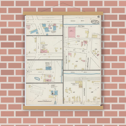 Old map wall art mockup — magnetic wood frame on brick wall — Sanborn Fire Insurance Map from Galena, Jo Daviess County, Illinois (1885), Sheet #0006