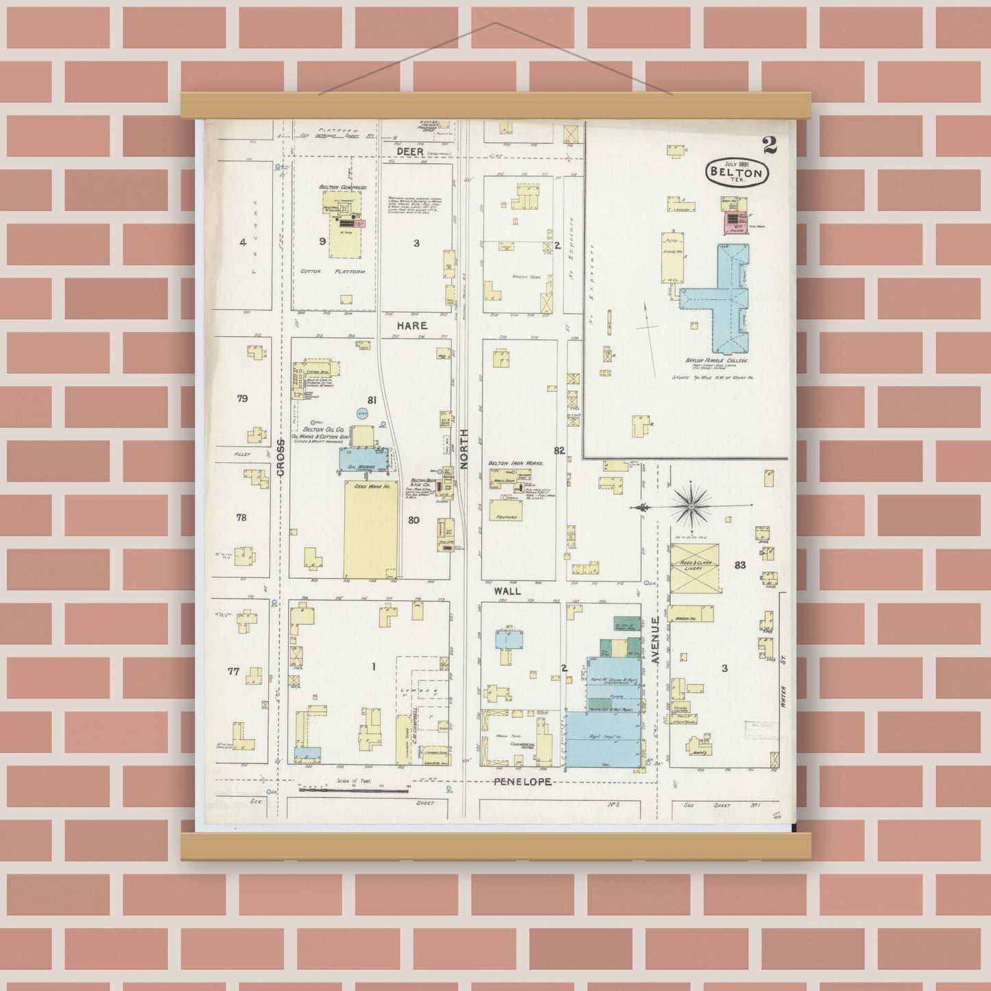Old map wall art mockup — magnetic wood frame on brick wall — Sanborn Fire Insurance Map from Belton, Bell County, Texas (1891), Sheet #0002